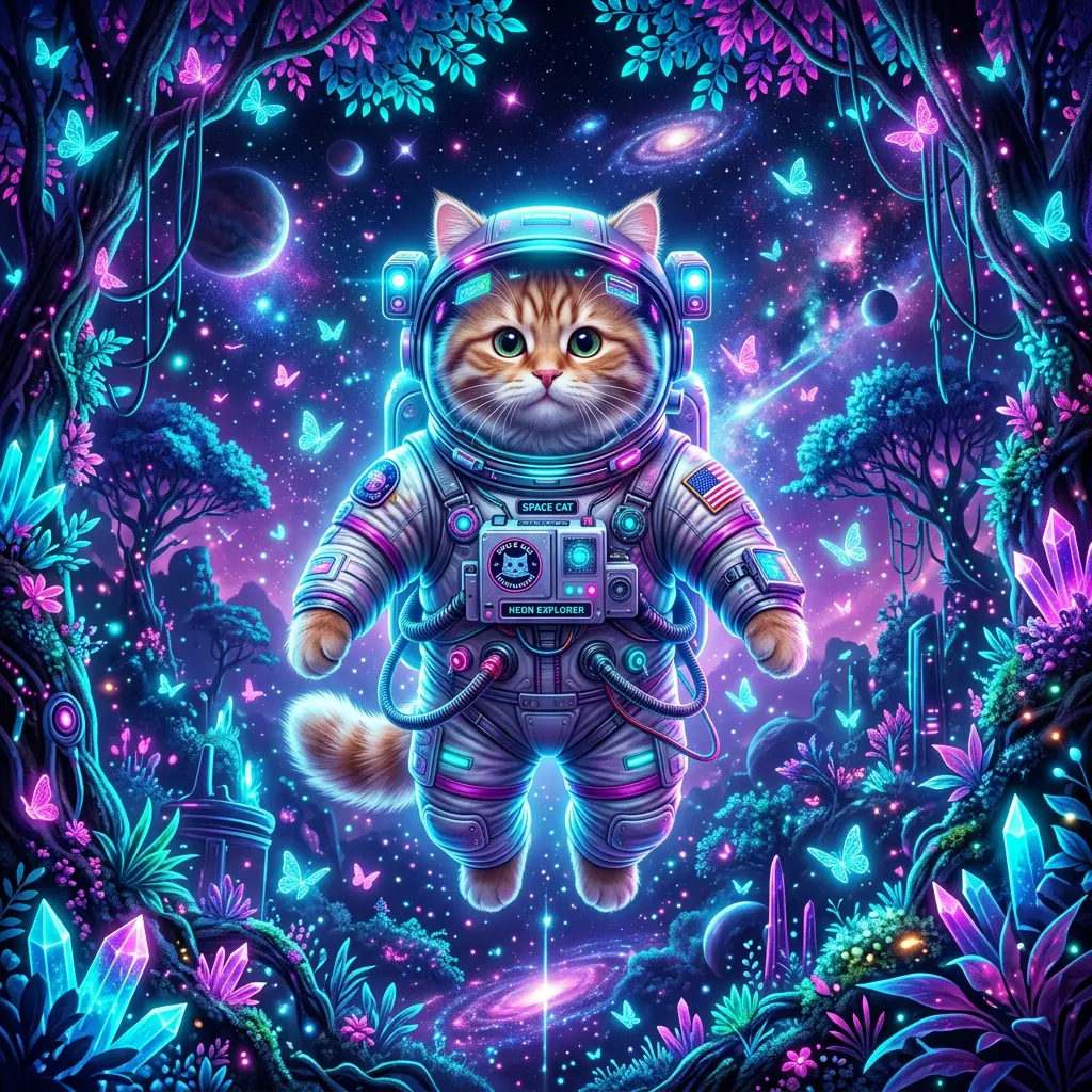 一张充满细节的太空宇航员猫咪 1:1 正方形插画