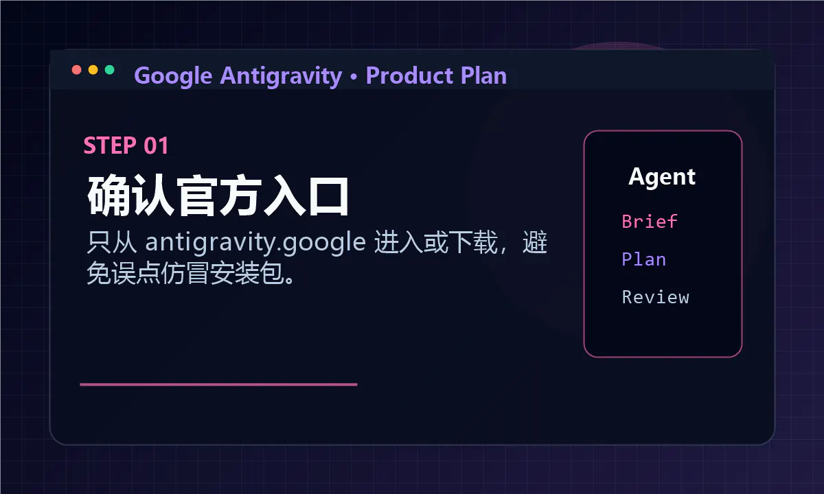 确认 Google Antigravity 官方入口的示意图