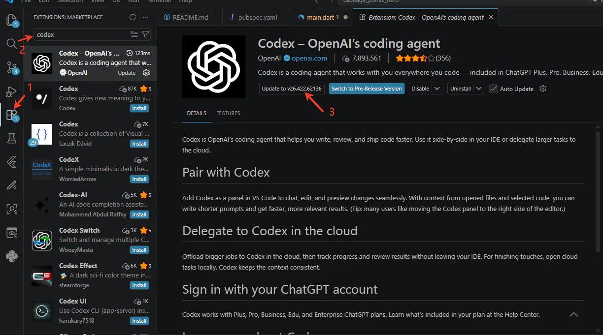 VS Code 扩展市场搜索 Codex 并确认官方 OpenAI coding agent 扩展的界面截图