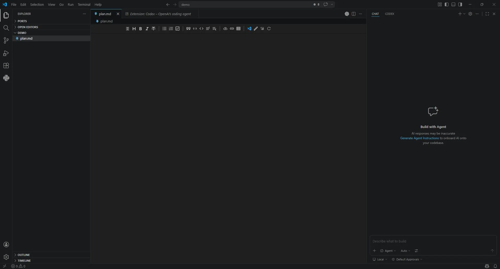 VS Code 打开空 demo 项目后左侧文件目录、中间编辑区和右侧 Codex Agent 面板截图